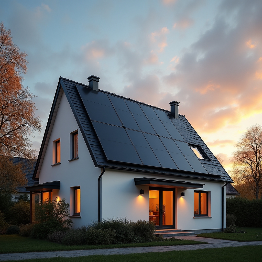 Moderní rodinný dům s fotovoltaickými panely na střeše